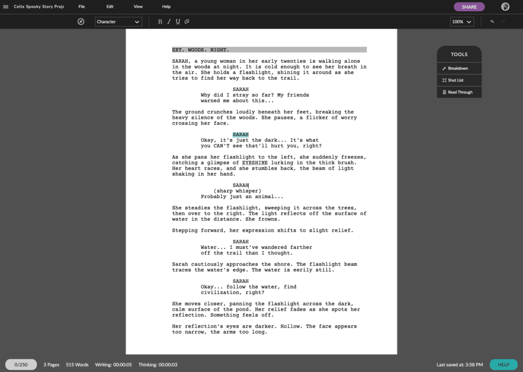 Inside the Celtx Studio (often misspelled as Celtix or Celtex) showing the screenwriting capabilities of the Celtx software.